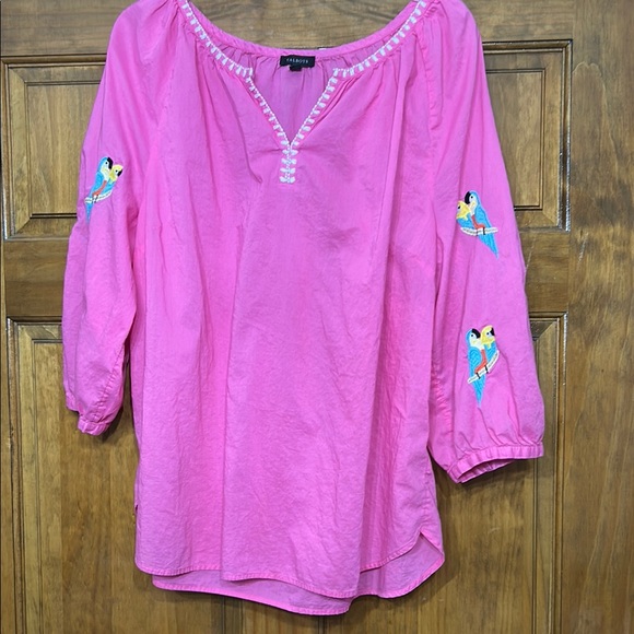 Talbots Parrot Voile Popover Parrot Pink Embellished 3/4 Sleeve Blouse, Sz XL, - Picture 1 of 7